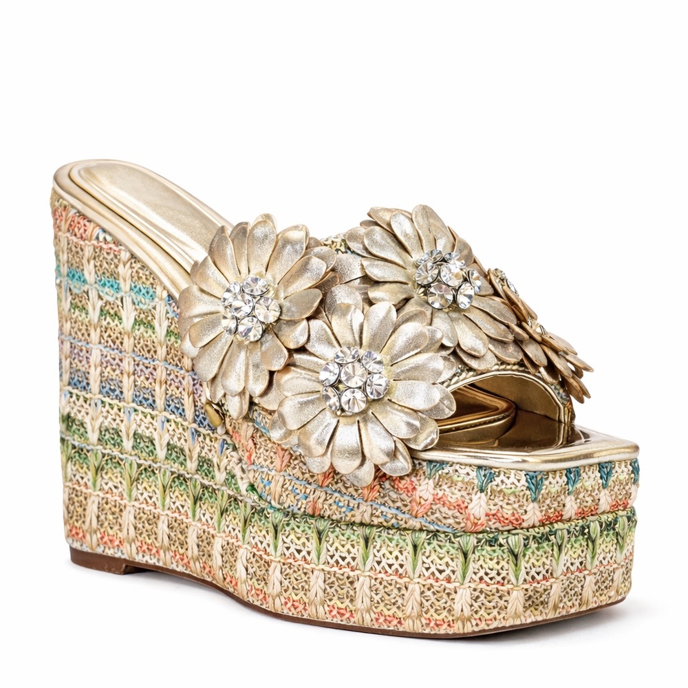 Azalea Wang Monya Multi Color Tweed Gold Rhinestone Platform Shoes Size 8
